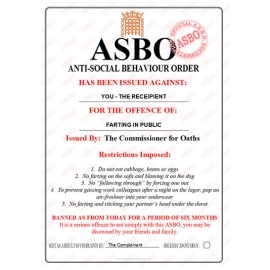 Novelty ASBO Certificate for the Offence of:  Farting in Public
