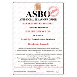 Novelty ASBO Certificate for the Offence of:  Shopaholic