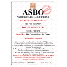 Novelty ASBO Certificate for the Offence of:  Being a Pisshead