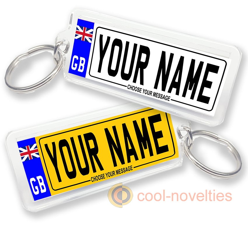 Name & Reg Number added Personalised Registration Plate Keyring GB Design 